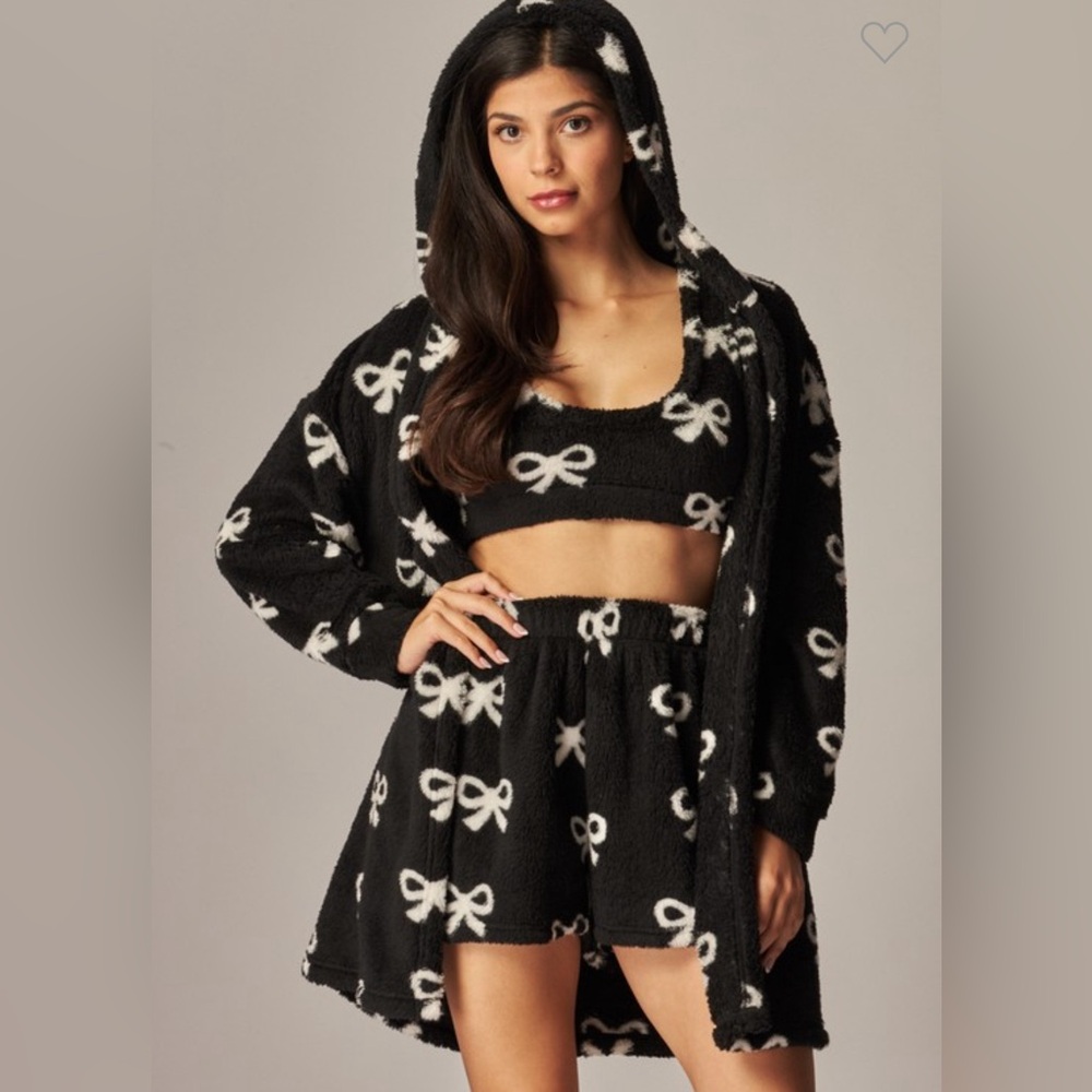Black bow Cozy fleece 3-piece Cardigan Pajama Set